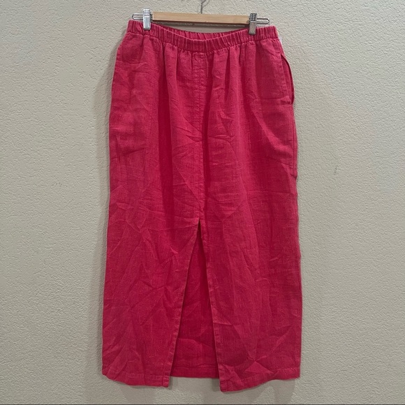 GERTIES Linen Long Pencil Midi Skirt Summer Pink Front Slit Sz M Coastal Retro - Picture 3 of 8